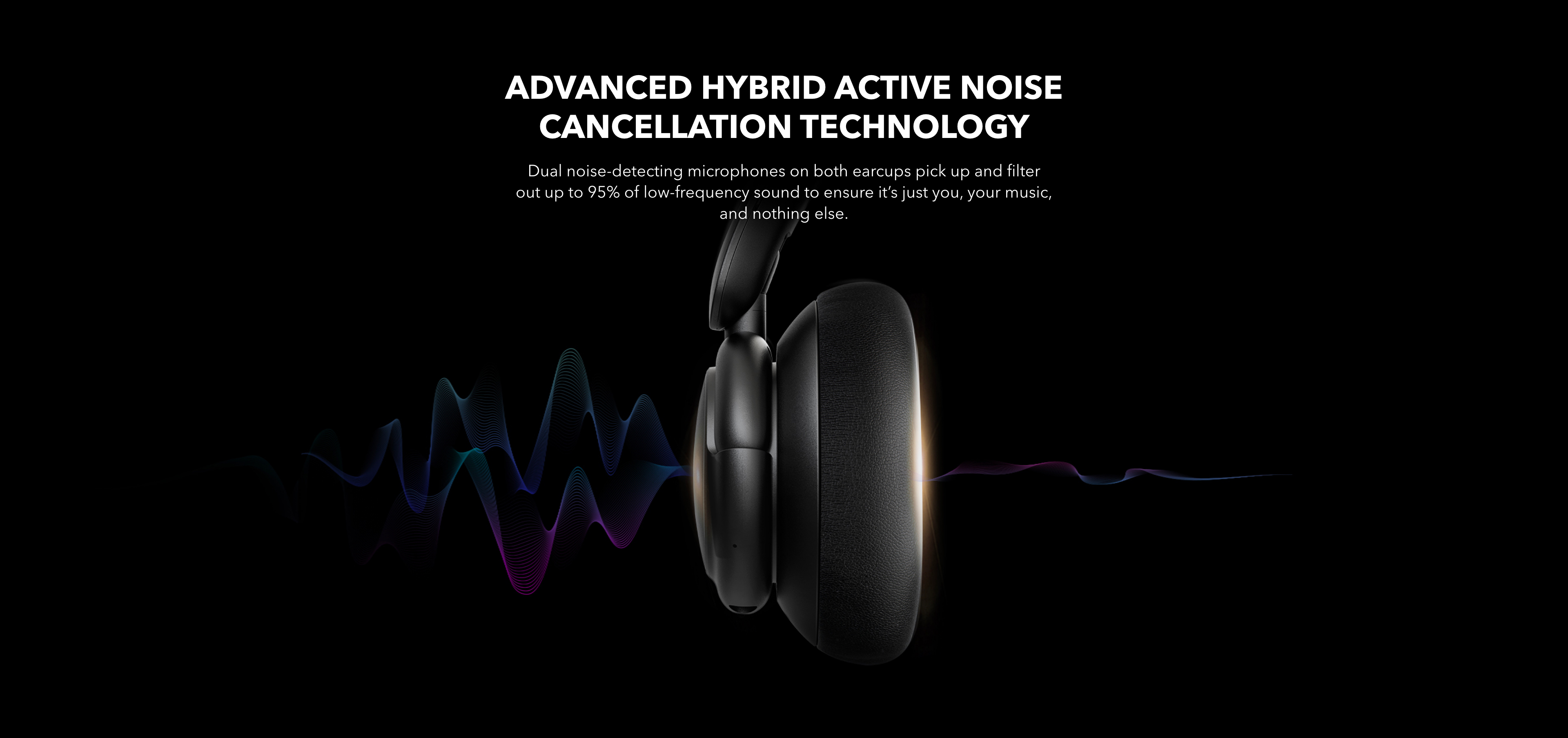 Advanced Hybrid Active Noise Cancellation Technology Dual noise-detecting microphones on both earcups pick up and filter out up to 95% of low-frequency sound to ensure it&rsquo;s just you, your music, and nothing else.