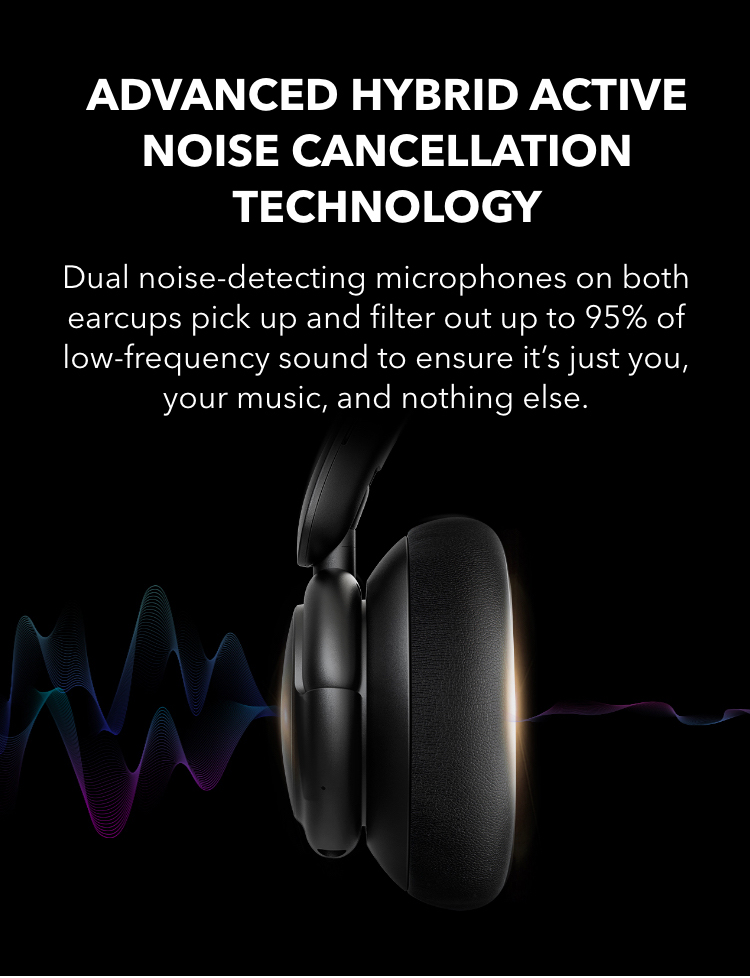 Advanced Hybrid Active Noise Cancellation Technology Dual noise-detecting microphones on both earcups pick up and filter out up to 95% of low-frequency sound to ensure it&rsquo;s just you, your music, and nothing else.