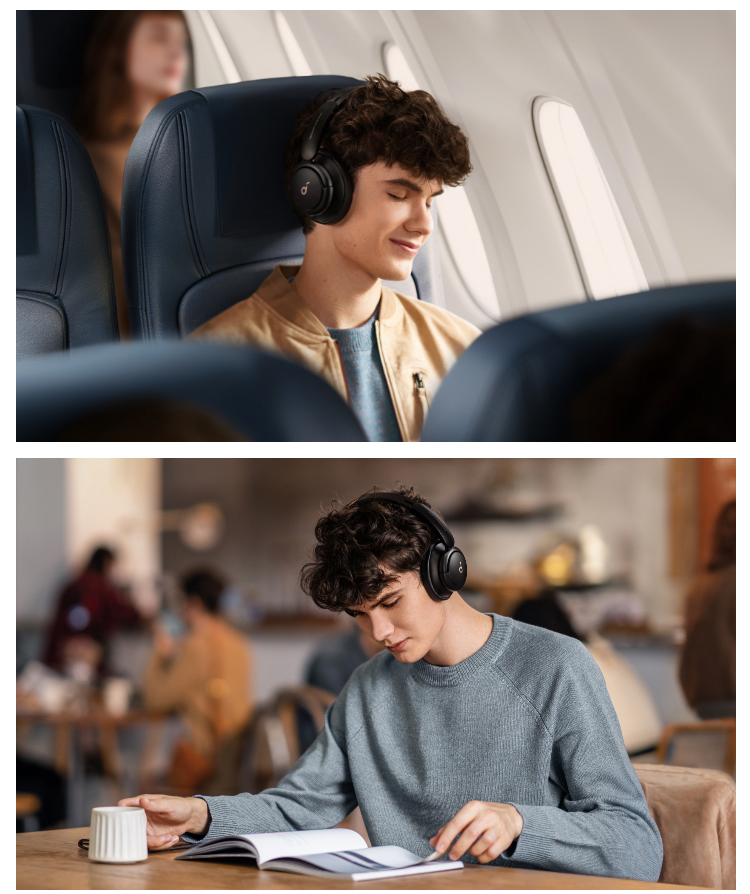 With Multiple Modes
Download the soundcore app to experience Life Q30&rsquo;s noise cancellation modes. Each one has been tailored to target and cancel out sounds found in different environments&mdash;ensuring you&rsquo;ll always enjoy distraction-free listening wherever you go. Outdoor mode tunes out the sound of traffic and wind, Transport mode block out engine noise on planes and trains, and Indoor mode reduces the sound of people chatting in the background.